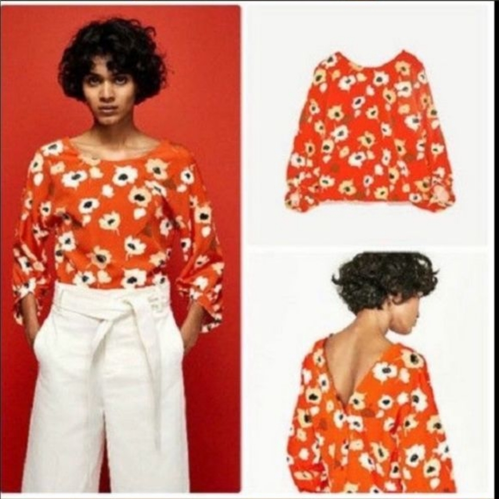 Zara orange floral blouse with button back size medium